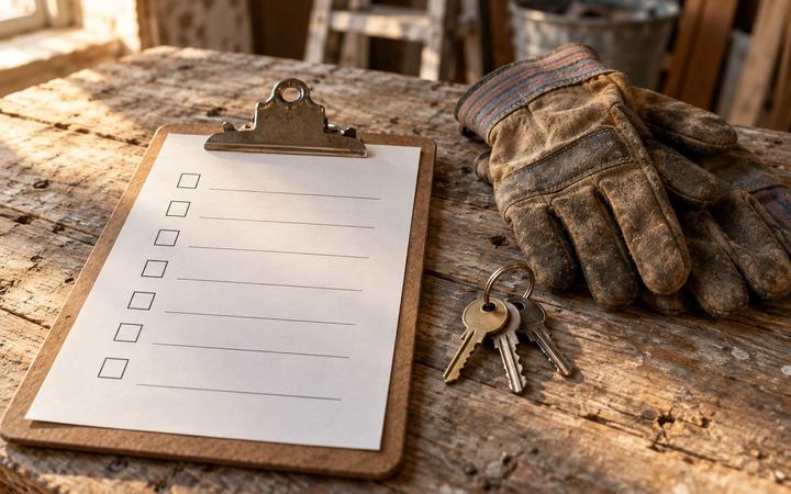 A blank checklist on a clipboard beside keys and work gloves