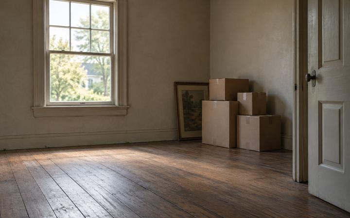 An empty room in an older house with bare wood floors, soft window light, and a few boxes against the wall