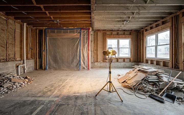 Plastic containment sheeting set up for an interior demolition