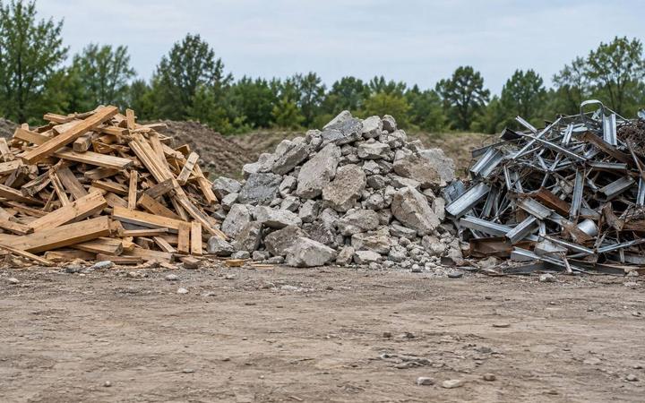 Three separated piles of demolition debris on bare dirt: lumber, broken concrete, and scrap metal