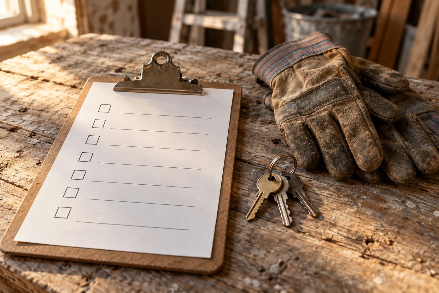 A clipboard with a blank checklist, a set of keys, and worn leather work gloves on a weathered wooden table