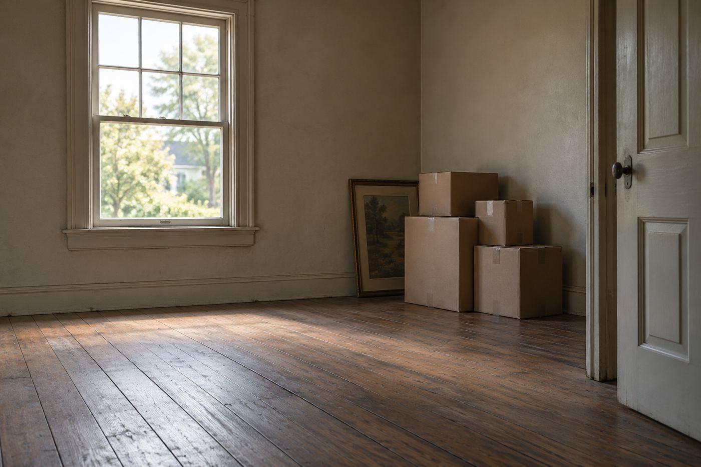 An empty room in an older house with bare wood floors, soft window light, and a few boxes against the wall
