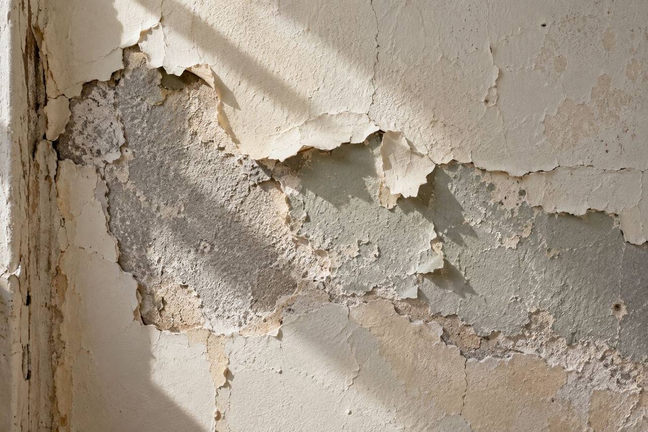 Layers of peeling paint and old plaster on an interior wall of an older house
