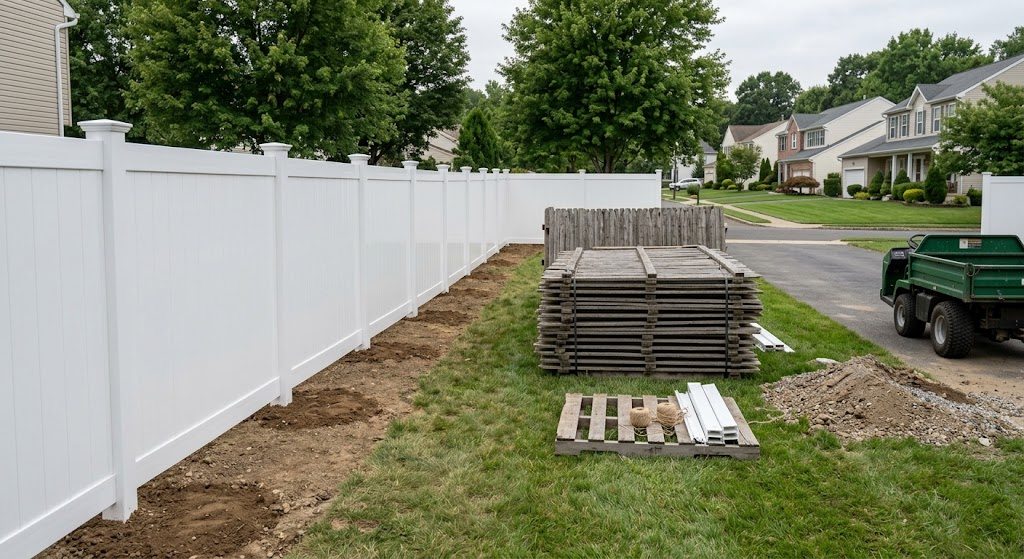 A new vinyl fence line freshly set